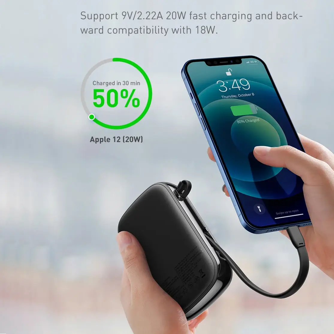 Qpow 20W 10000mAh Power Bank with Lightning Cable