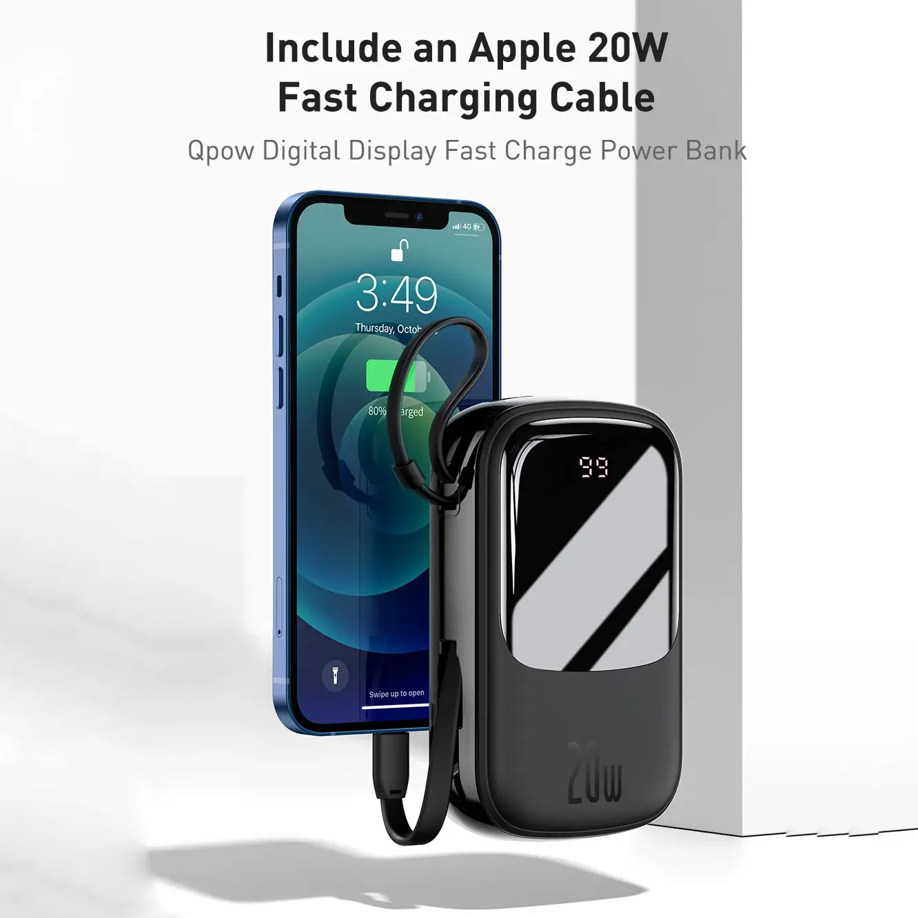 Qpow 20W 10000mAh Power Bank with Lightning Cable