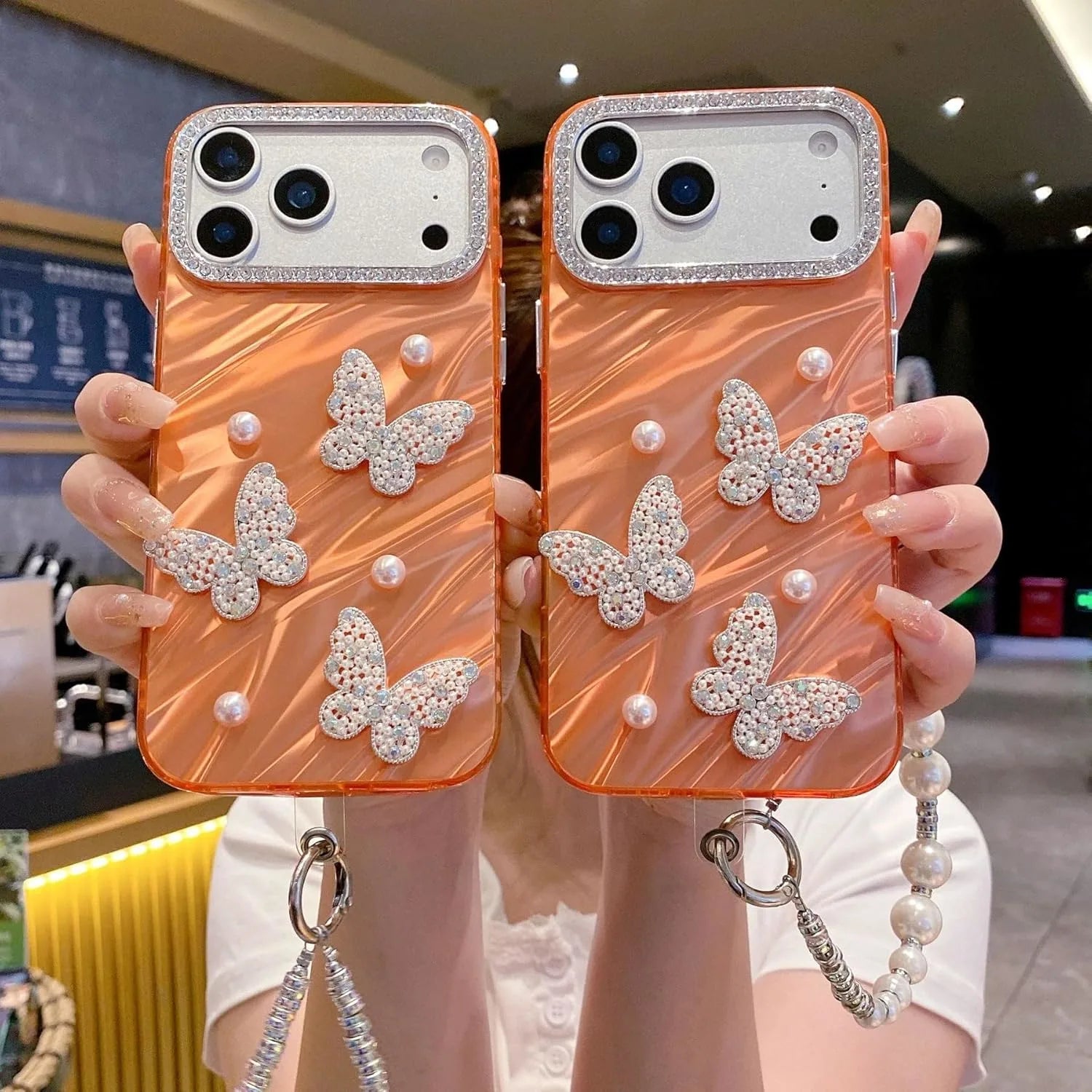 Luxury butterfly pearl phone case with charm strap by ORRY