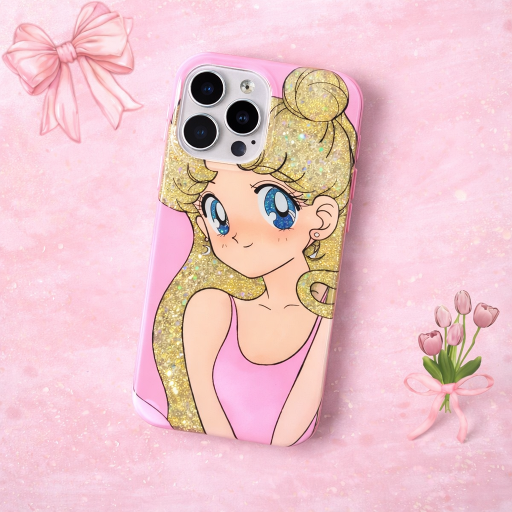 Girly pink sparkle phone case with doll design ORRY