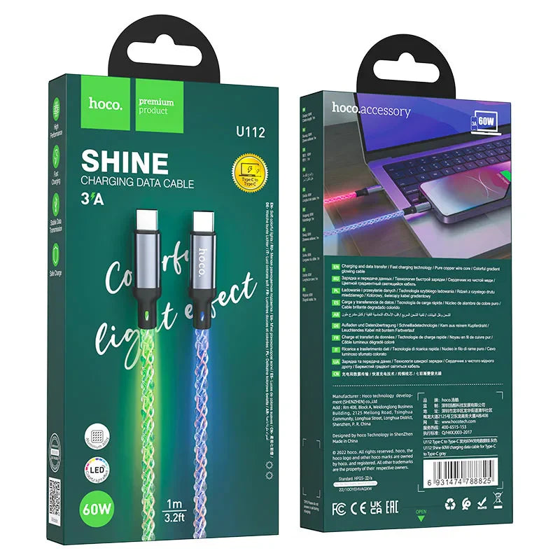 HOCO RGB Glowing Type C Turbo Charging Cable - High Quality.