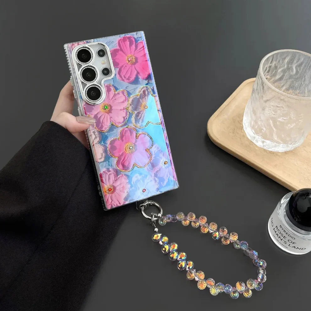 Purple butterfly charm Samsung phone case with glitter design